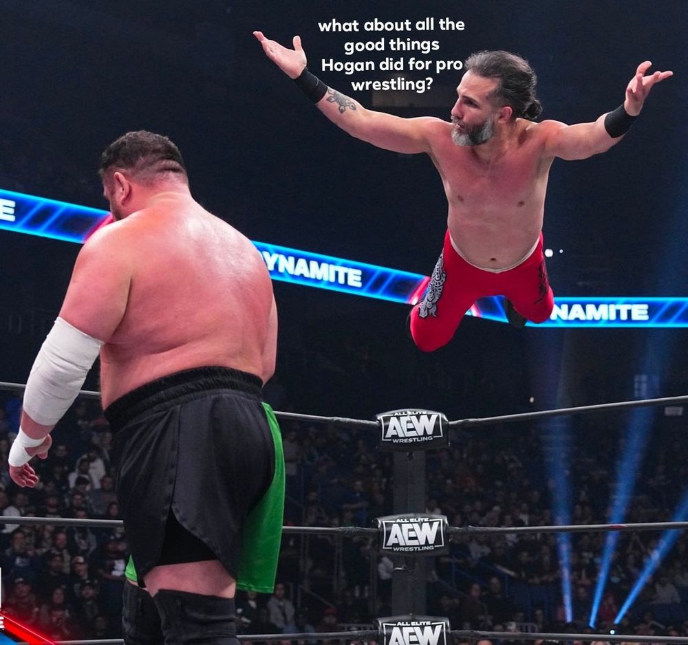 Samoa Joe walking out of the way of a wrestler attempting a dive. The wrestler is saying "what about all the good things Hogan did for pro wrestling?"