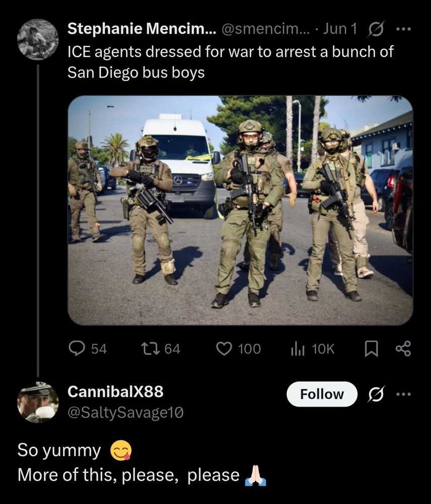 A picture of a Mencimer tweet over on X the everything app. A gentleman named cannibalx88 is replying to celebrate the arrest of immigrants and begging for more.