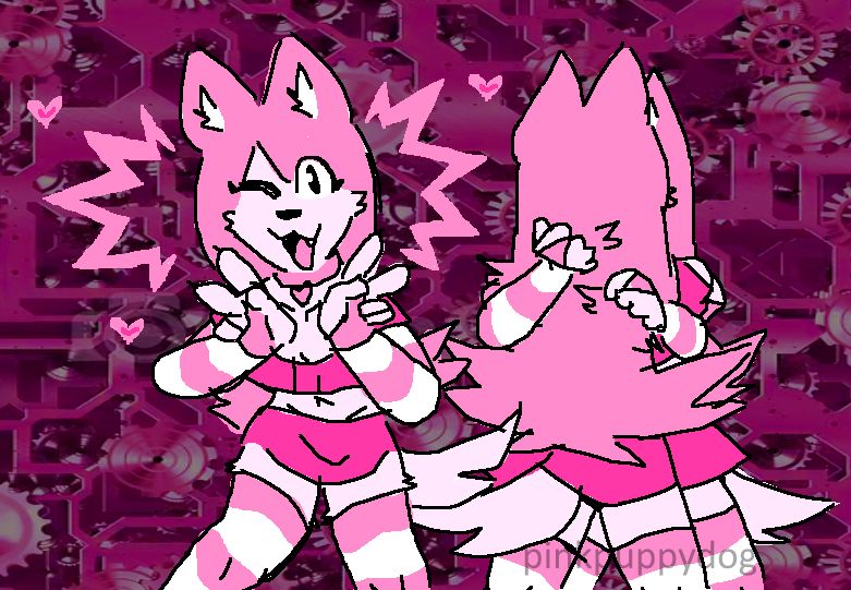 digital drawing of three identical pink dog furries. one is posing on the left with two peace signs while two on the right are kissing. they are all wearing pink crop tops and short skirts.