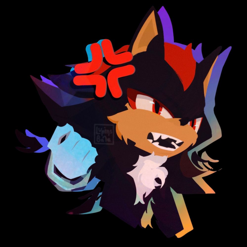 Shadow the hedgehog white gloves gold bracelets angry emoji by head black fur with red highlights red eyes colorful silhouette angry said expression across face showing fangs inside mouth