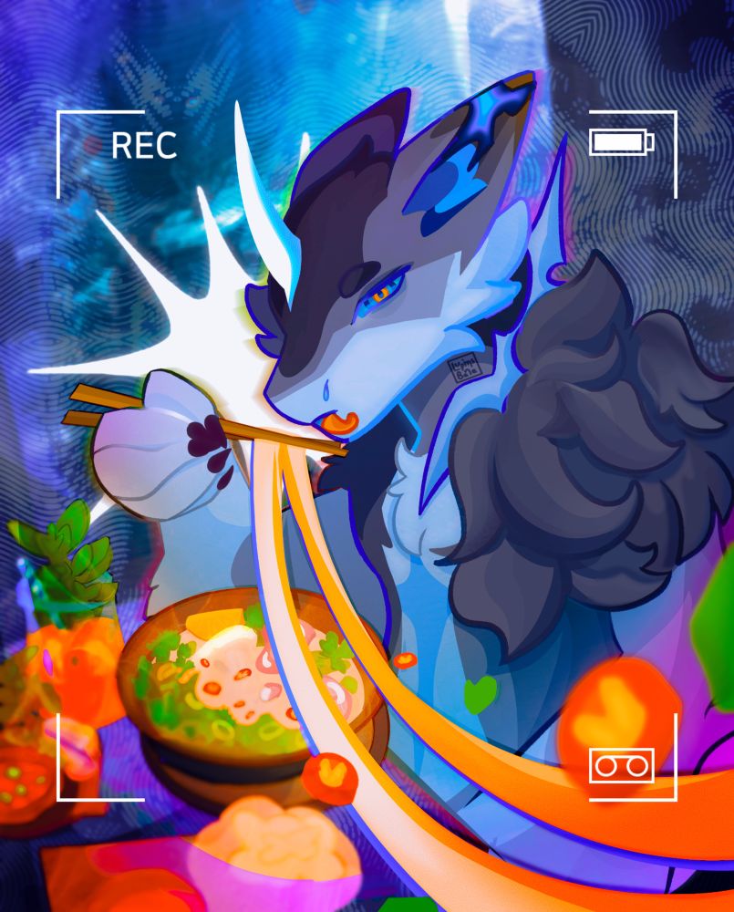 Furry tundra dragon wolf eating noodle dish with chop sticks looking at camera bright colors and gradients drawn on procreate peppers and noodle flying to right side of artwork 
