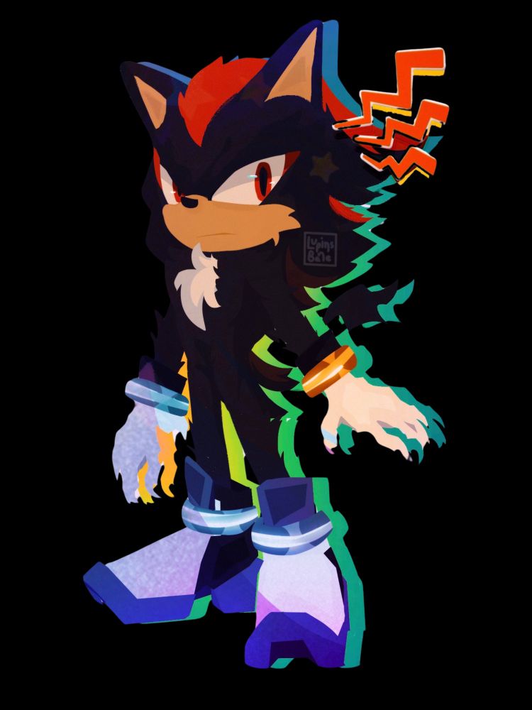 Shadow the hedgehog white gloves gold bracelets white shoes black fur with red highlights red eyes colorful silhouette grumpy mhep face 