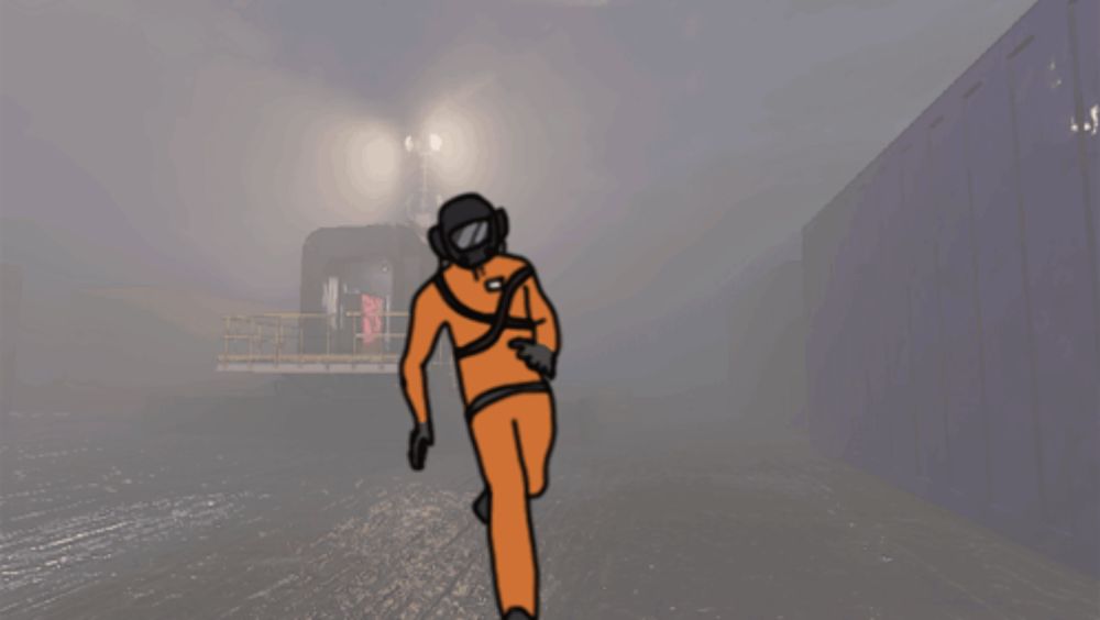 a cartoon of a man wearing a gas mask and an orange suit