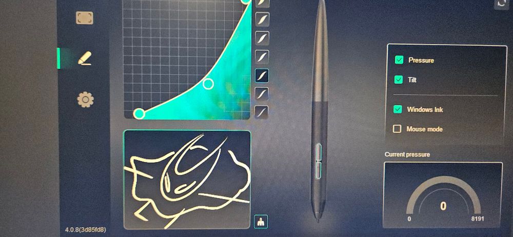 Photo of my computer screen showing my graphics tablet sensitivity settings. In the square where you can test the pen pressure, I doodled Hornet from Hollow Knight.