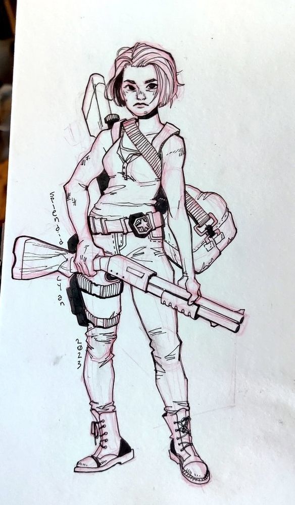 An ink drawing of Jill Valentine, decked out with a sniper rifle, a duffle bag, and a shotgun. A rough sketch in red is vaguely visible underneath the ink.