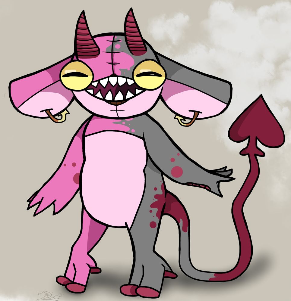 A demon/devil-like creature with yellow slanted eyes, red horns, long/wide droopy ears with yellow/orange arrow curved ear piercings, and a long tail with a spade shape at the end. Their mouth stretches from eye to eye with sharp teeth and a stitch-like pattern going down the front of their face. They have red padding under their arms and three-toed feet. Their body is a half and half of pink and grey splotched together with reddish dimples across each arm and splotches on the tail area.