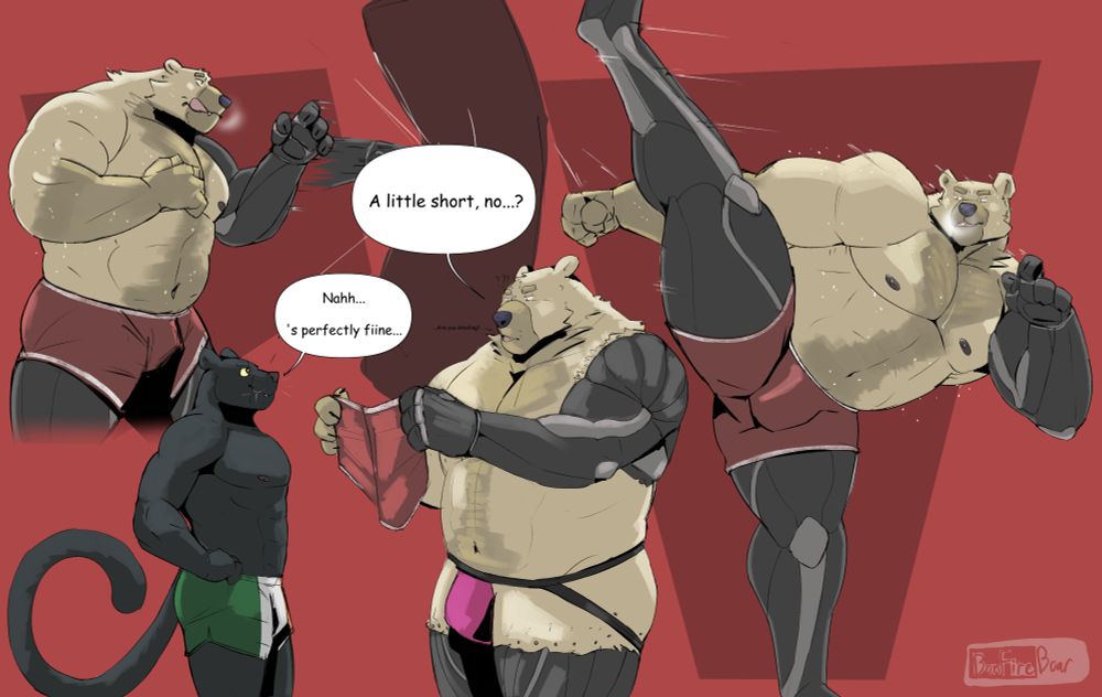 A sketch page with Jaeger practicing his martial arts. On the left he punches a punching bag, and on the right he executes a very high crescent kick. In the middle, he converses with his friend and roommate, Sean. A black panther.