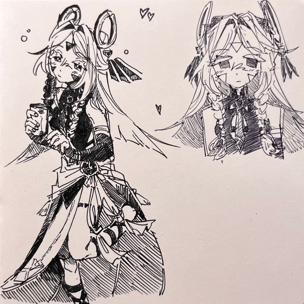 a black and white drawing of the genshin character citlali sleepily holding a cup, and to the right is a messy headshot doodle of citlali again
