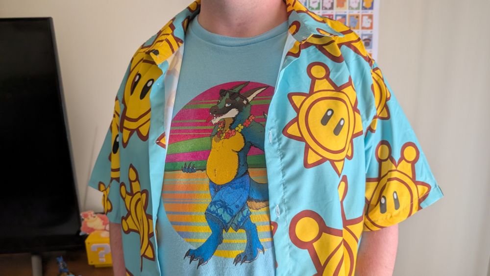 Super Mario Sunshine Shine Sprite Hawaiian shirt with a Turbo surfboard shirt underneath. Styling