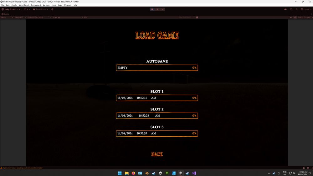 Save screen from Rodeo Clown. There's an autosave slot, as well as three manual save slots. Adding this completely fucked me and I almost had to delay the game because I was way out of depth.