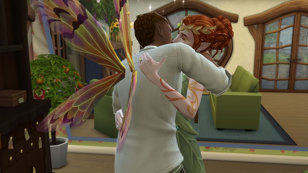 The Sims 4 - Two people kiss in the life game.