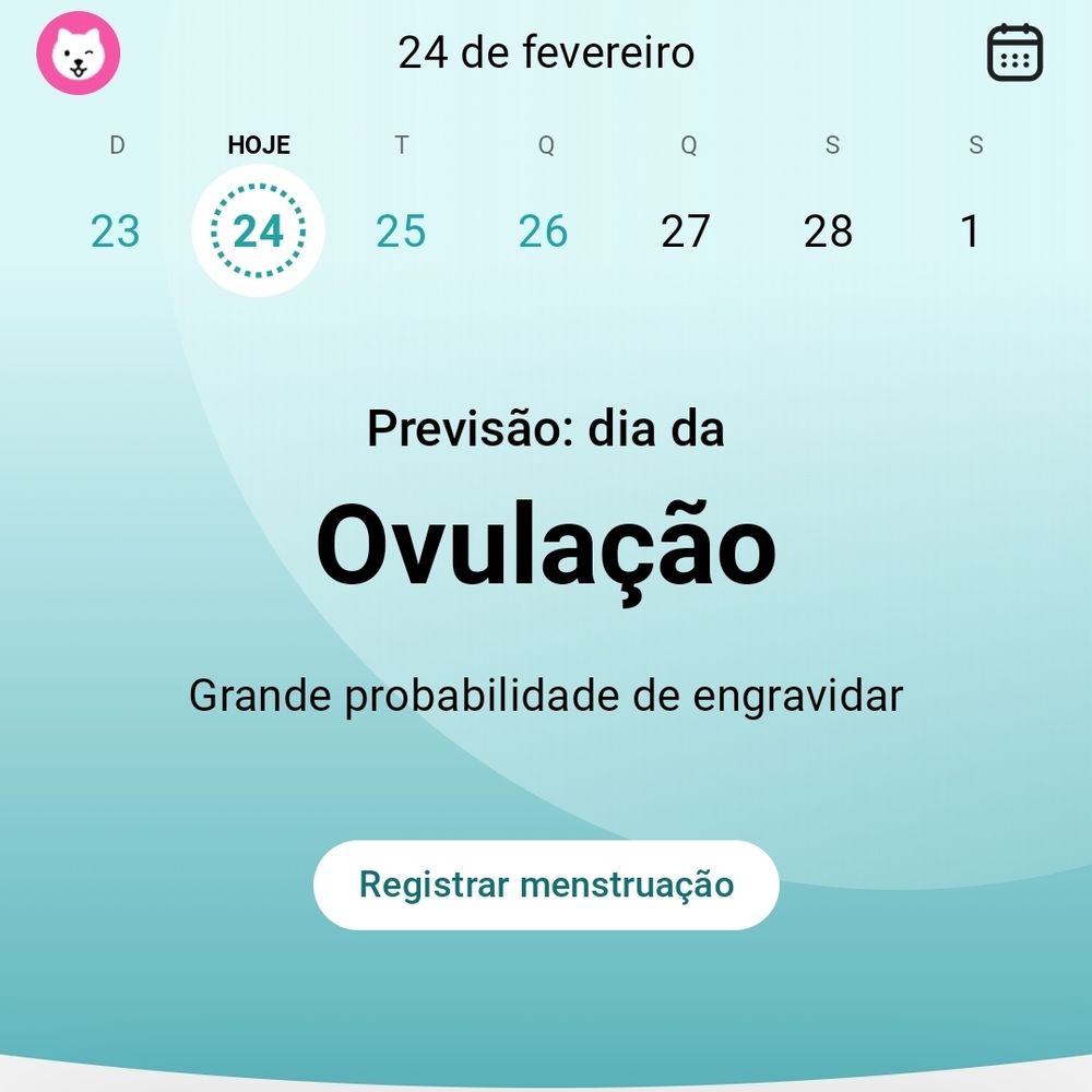 Um calendário de aplicativo de acompanhamento de ciclo menstrual cuja imagem mostra que a ovulação está prevista para acontecer no dia de hoje.
