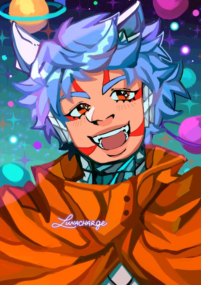 illustration of a space/mecha-themed cat character, created by a friend. he is smiling brightly against a vibrant backdrop of planets and stars.