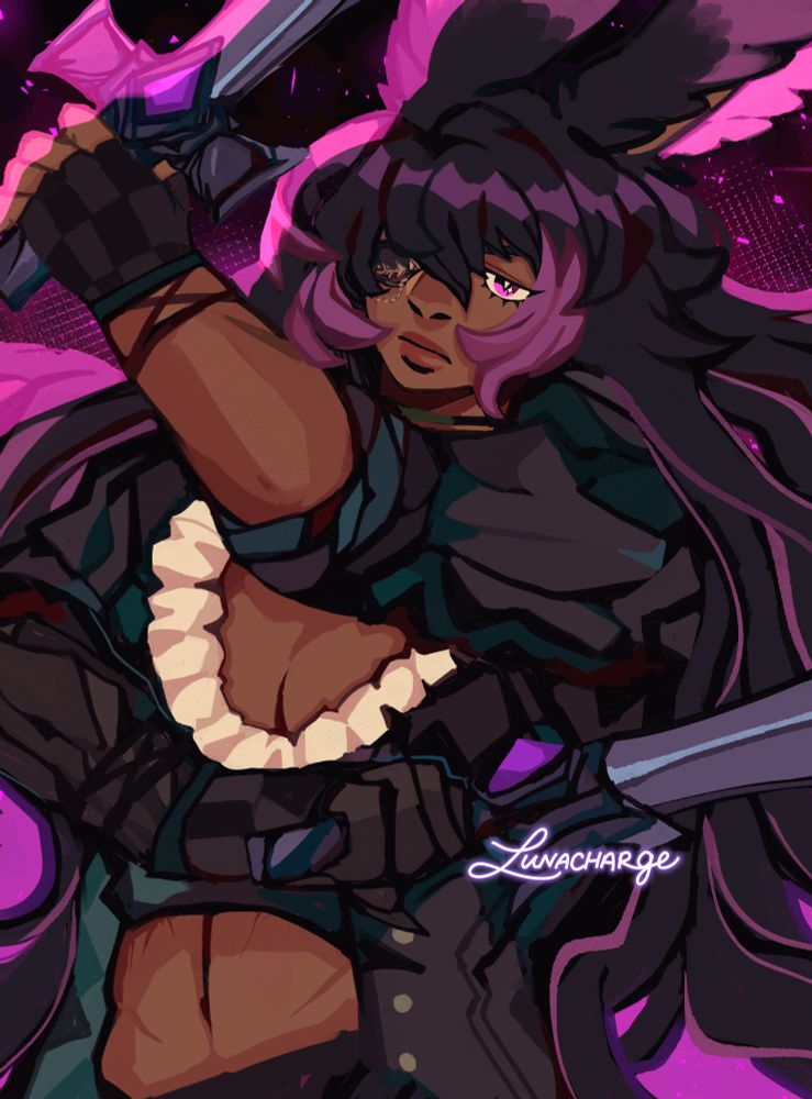 illustration of a rava viera (she/they) wielding twin blades in a composed battle stance. she looks toward the viewer with a subtle intensity.