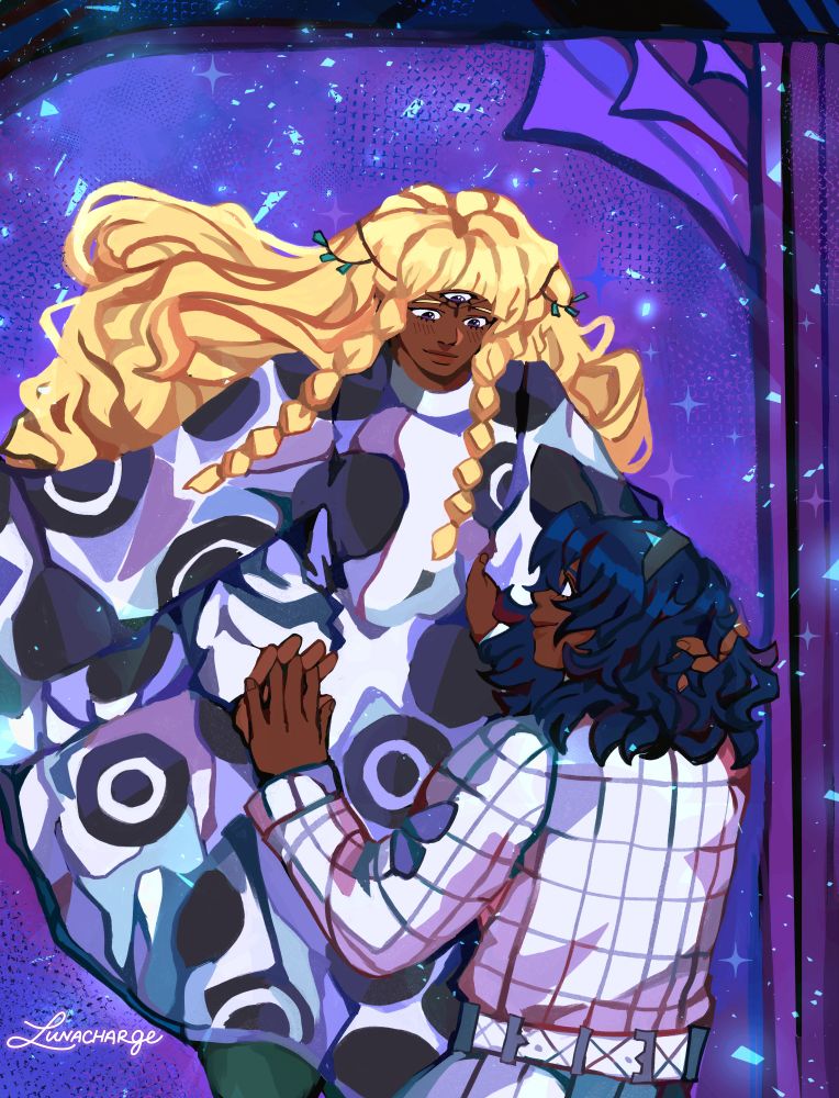 illustration of will and eupha from metaphor refantazio with pages of a book in the background. their hands are intertwined while eupha's other hand is in will's hair, seemingly floating above him. 