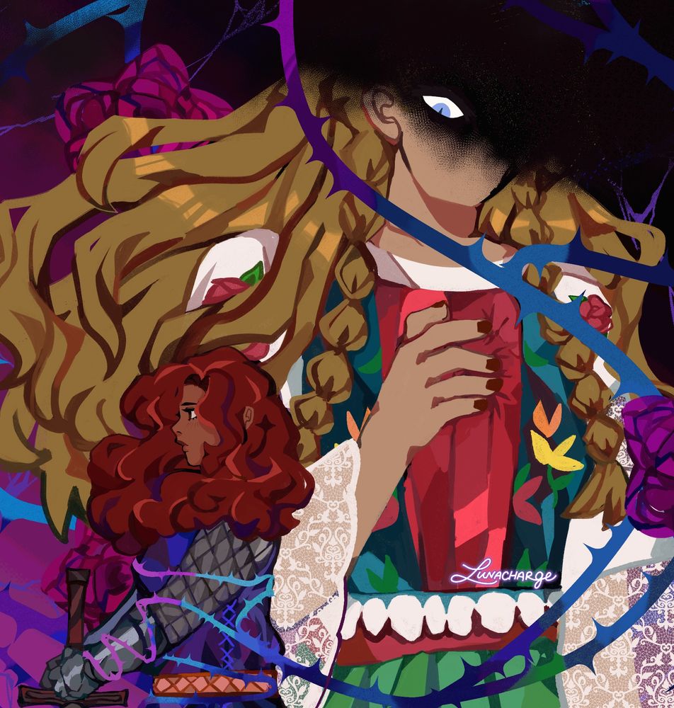 illustration of two original characters that are owned by a friend. one looks down upon the other whilst clutching her chest, her face obscured by the dark. roses and thorns adorn parts of the background, with the thorns in particular wrapping about the red-haired character.