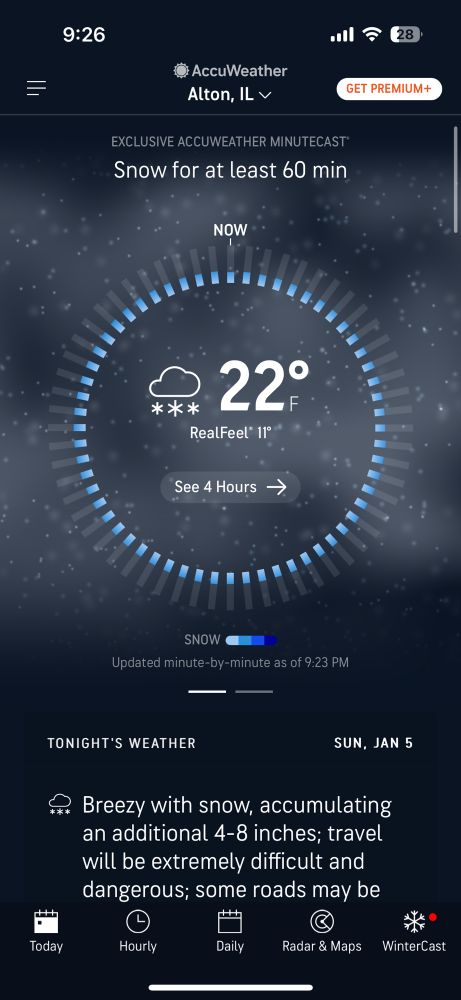 Forecast showing 22° in Alton, Illinois with an overnight of 4-8 additional inches of snow. 