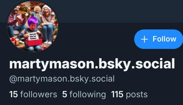 Screenshot of martymason’s profile showing their transphobic pfp (ai generated image of a kid crying after opening a Christmas present and getting laughed at by his family; the kid is edited to have purple hair and is holding up a note reading “there are only two genders”