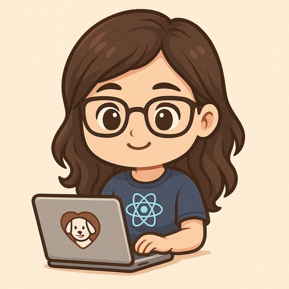 Cartoon-style image of a young female software developer in glasses, working on a laptop. She wears a navy React logo t-shirt. The laptop has a heart-shaped dog logo, hinting she’s building an app for pet health. Beige background.