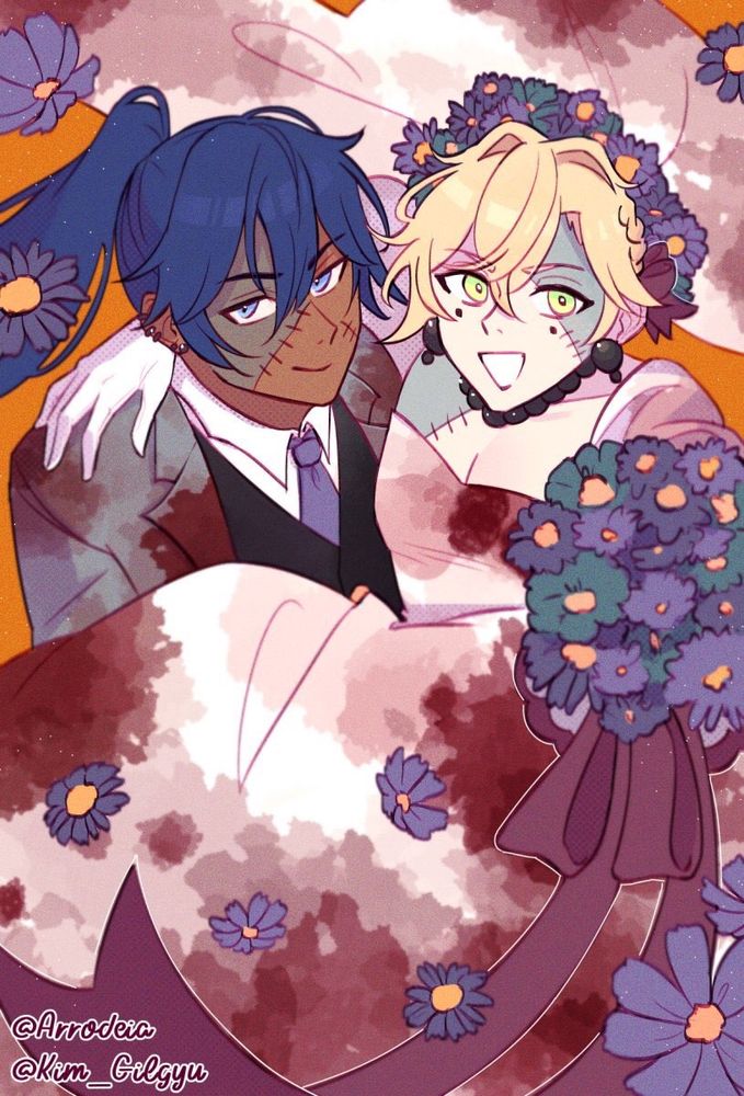 Doodle of two characters for halloween: one is Indigo, a blue haired man in a bloody wedding suit with zombie makeup; he’s bridal carrying Iolite, a blond man in a bloody wedding dress, who’s also in zombie makeup. Iolite is holding up a bouquet of flowers in dark palette to celebrate their “corpse wedding”