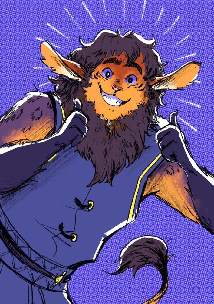 drawing of an anthro creature smiling and giving 2 thumbs up
