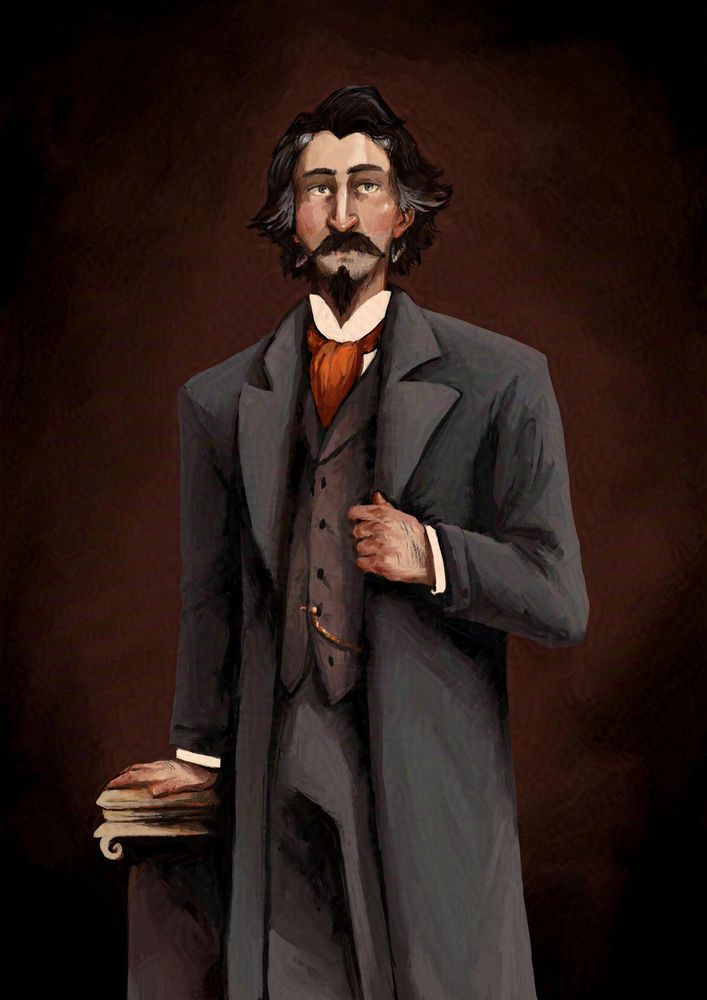 A painted portrait of a fancy gentleman with a moustache and goatee, in an Edwardian suit. His dark greying hair barely hides the horns on his head.