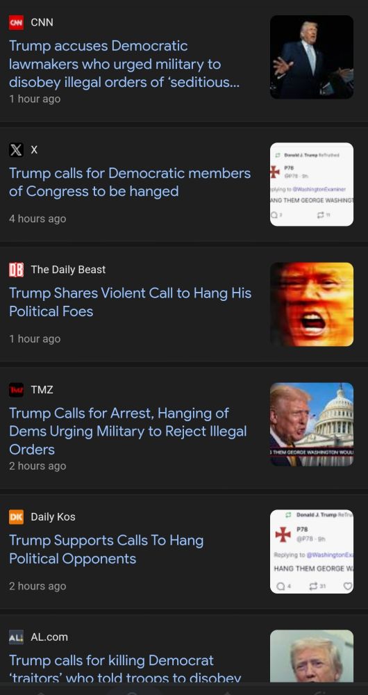 Screenshots of news headlines covering U.S. president Donald Trump's abhorrent comments calling for executing Democratic politicians. 