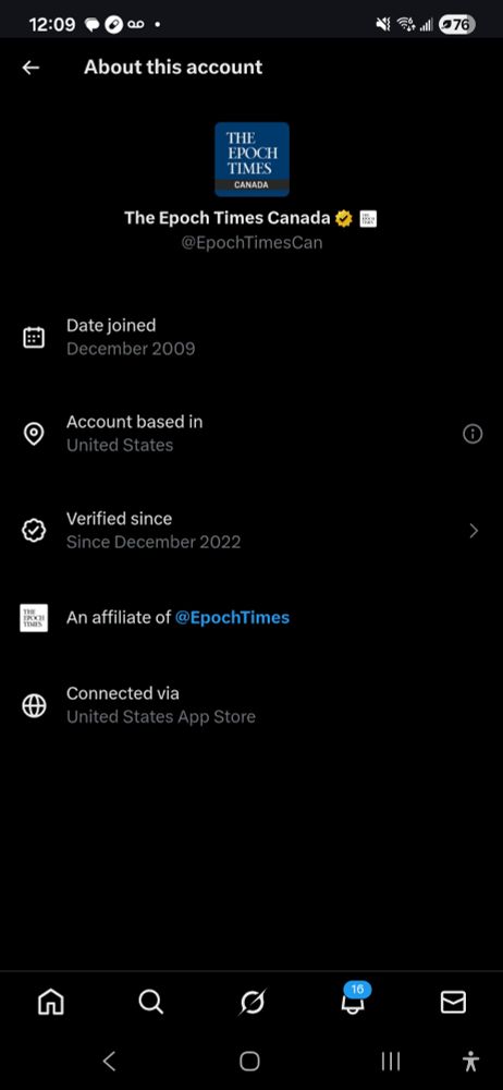 Screenshot of about page on social media platform X for Epoch Times Canada showing its based in the United States 