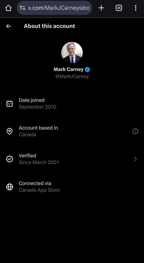 Screenshot of Mark Carney's X account About page