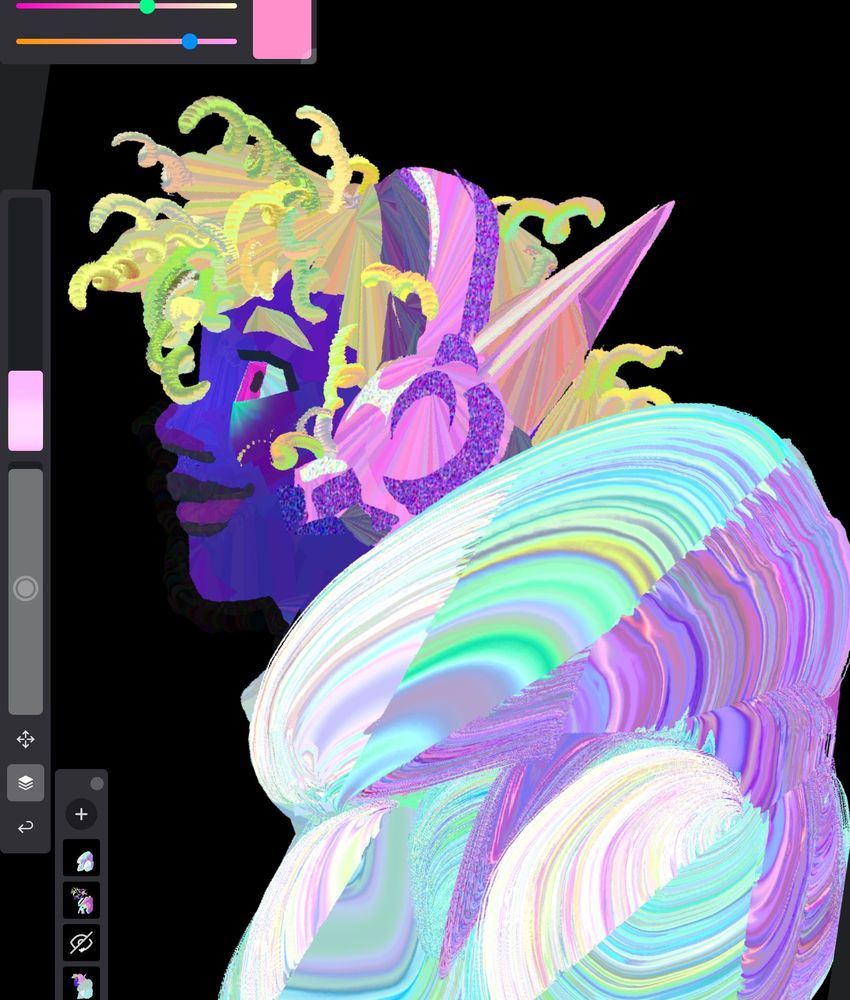 a digital painting of mako trig in profile. he's wearing pink headphones with a transparent spike extending from the back of it, and a bright holographic puffer jacket