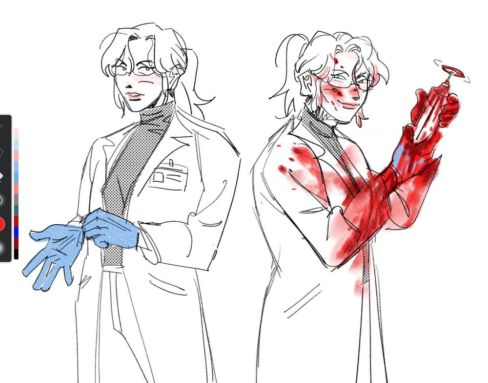 two sketches of bryony halbech from red valley. In the first one shes putting on nitrile gloves with an unimpressed expression. In the second one, shes holding a rotary saw, is covered in blood splatters, and has a scheming smile on her face.
