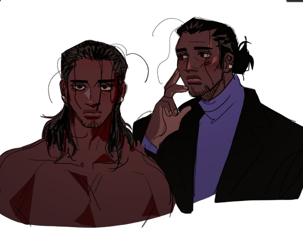 two sketches of banachet. the first one he is looking tiredly at the viewer, he has his hair down and is shirtless. the second one he's wearing a purple turtleneck sweater, his hair is in a bun and he is touching his hand to his face.