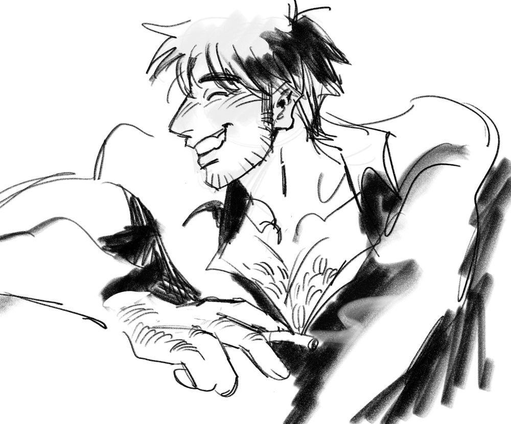 a sketch of wolfwood from trigun maximum. he has a large toothy grin and is holding a cigarette between his fingers,