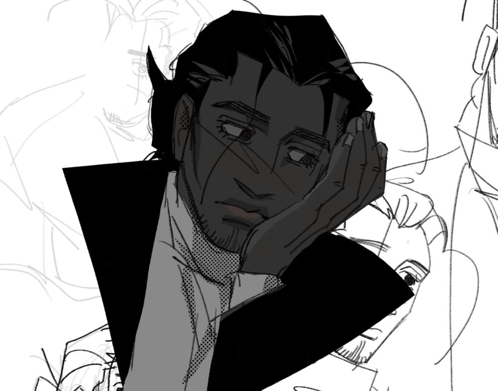 sketch of banachet resting his head on the palm of his hand.