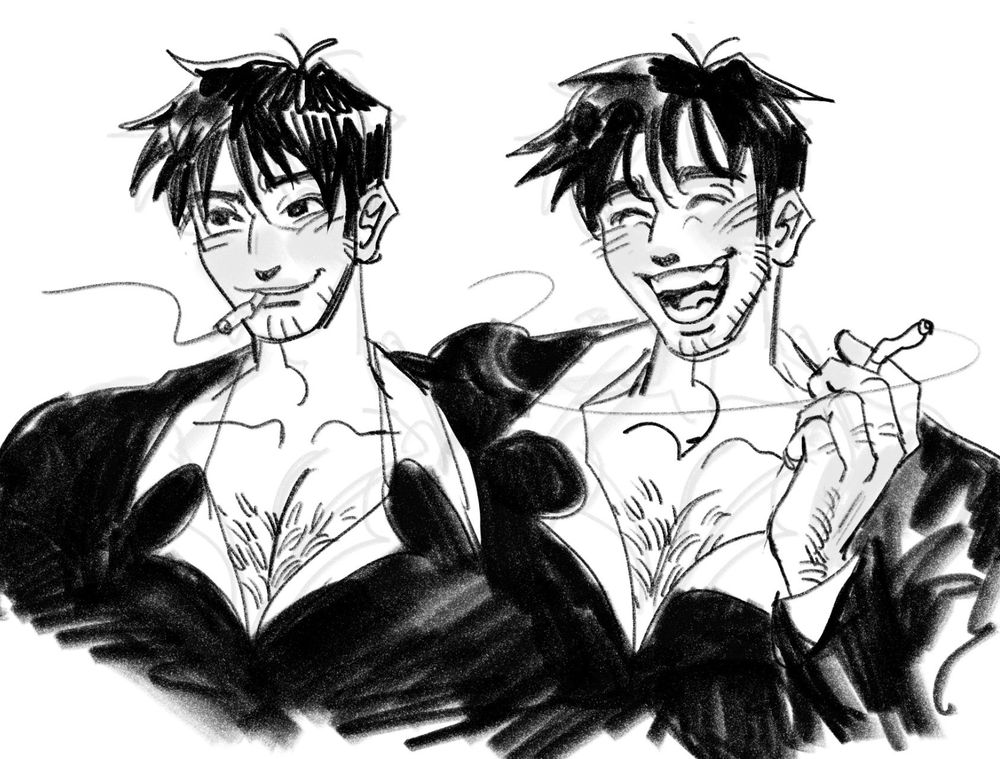 two sketches of wolfwood from trigun maximum. In the first one he's smoking a cigarette with an amused look on his face. In the second one he's pulling the cigarette from his lips and is laughing with a wide smile.
