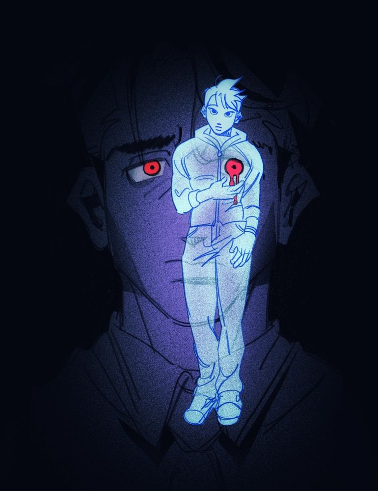 fanart of Phill and myeol from immortal days. phill is in shadow, the only color on him is the red of his irises. in front of him, myeol is depicted as a glowy, transparent ghost. one of Phill's red irises shows through myeol's chest, like a bullet wound.