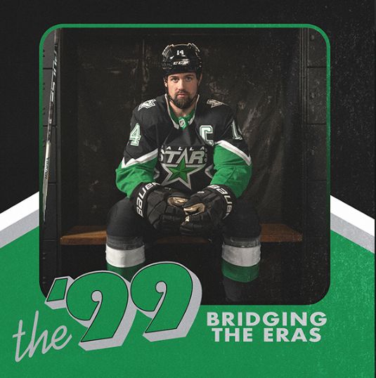 Jamie Benn models the '99 jersey, a weird black star with green sleeves.