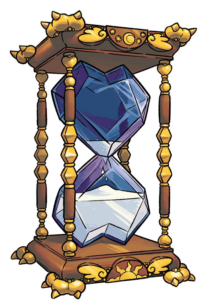 An hourglass with a crystal heart motif. Not much sand is left in the top half.