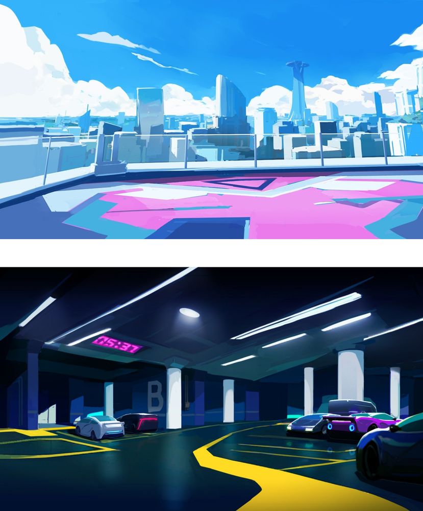 Backgrounds from Part-Time Hero depicting a bright rooftop and a shady parking garage.