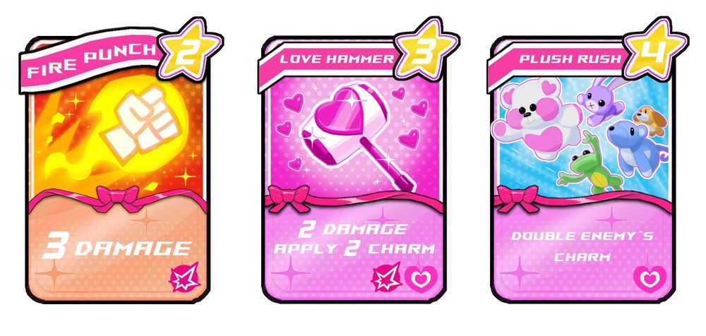 Prototype cards for Part-Time Hero. 
A Fire Punch card depicting a burning fist that deals 3 damage.
A Love Hammer card depicting a pink mallet with a heart motif that deals 2 damage and applies 2 charm.
A Plush Rush card depicting an army of leaping stuffed animals that doubles an enemy's charm.