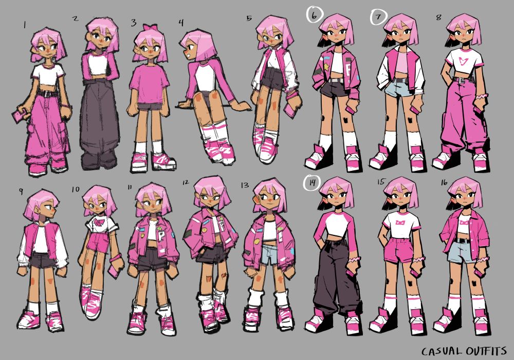 Concept art of Pink in different casual outfits.