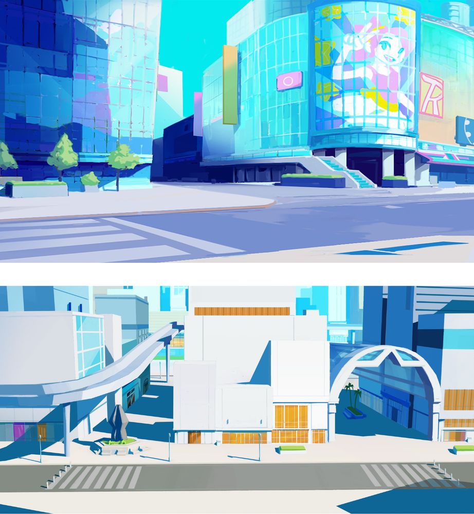 Background art of the idyllic city streets; the vibe is bright, sunny and pristine.
