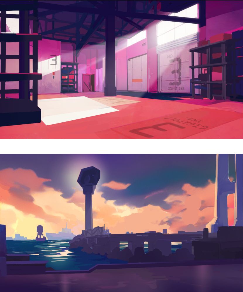 Background art of a Gigavolt Industries warehouse and the Pier. The vibe here is more imposing and melancholy. The warehouse feels very enclosed while dark clouds stir in the sky at the pier.
