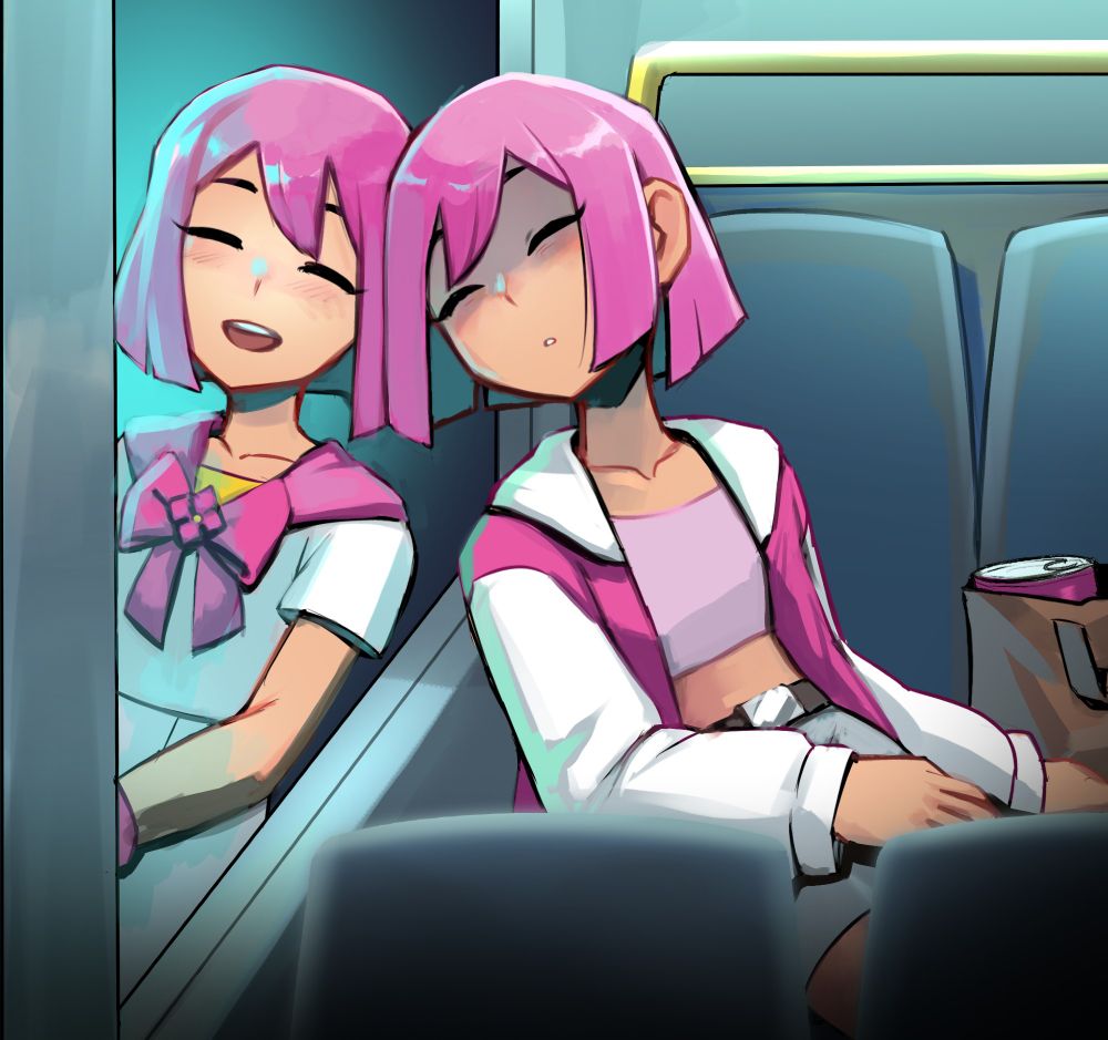 Artwork of Pink sleeping on the bus, leaning against the window. In the window's reflection is her as a Magical Girl. She looks happy in the reflection.