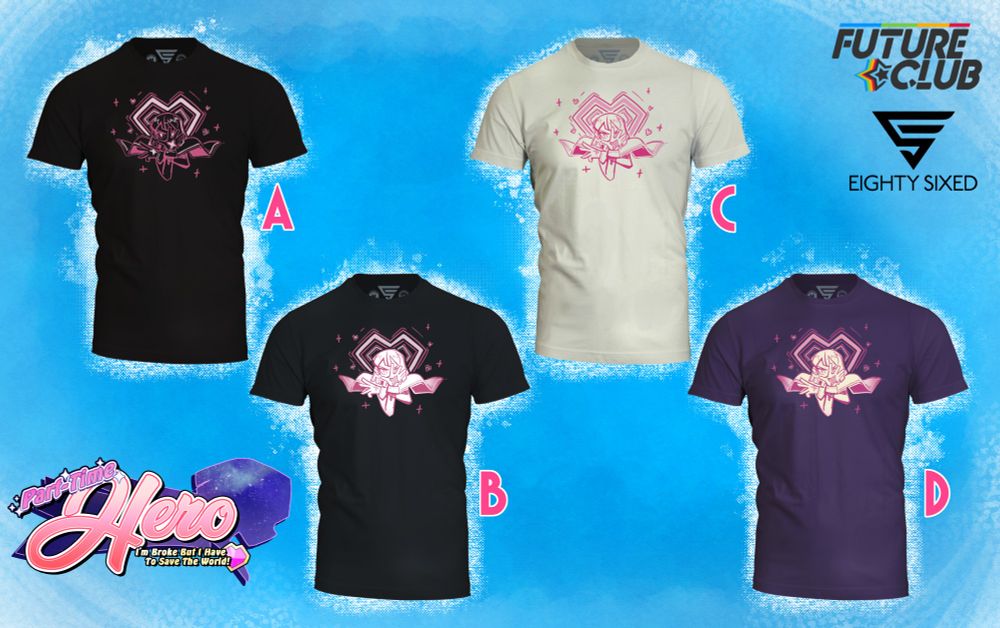 The Part-Time Hero T-Shirt in various colors; Black, Navy, "Natural" (I think it's like a cream color??), and Purple. Brought to you by Future Club and Eighty Sixed!