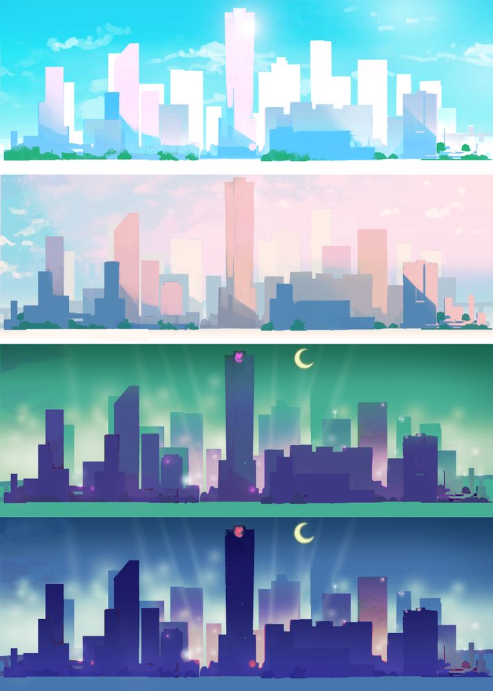 The city skyline at different stages of the day, from a bright afternoon to a dark evening.