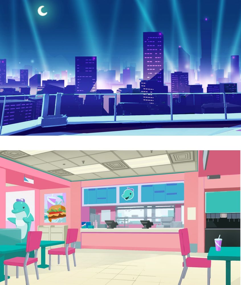 Background art from Part-Time Hero depicting a nightly rooftop and the interior of a colorful, Dolphin-themed burger joint.