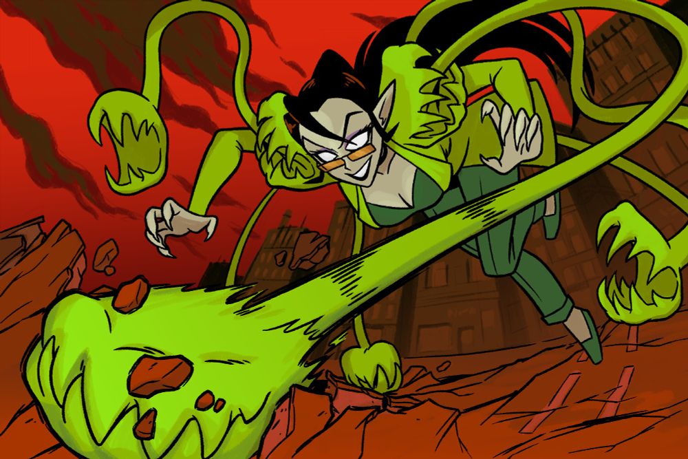 Desdemona Catastrophe lunches forward to attack with her Venus flytrap appendages.