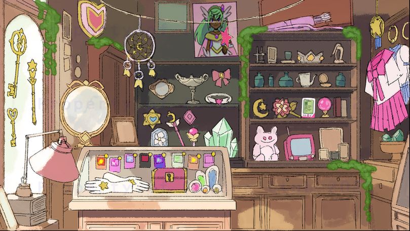 Concept art of the Card Shop from Part-Time Hero. Various Magical Girl tools  line the shelves and walls!