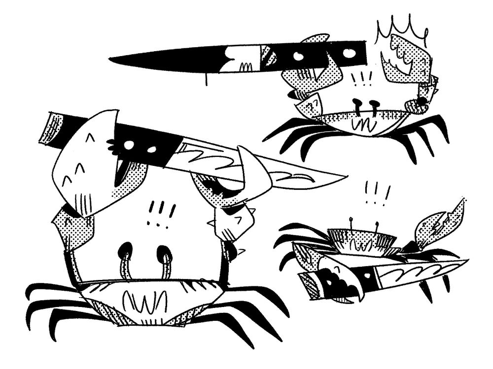 A drawing of three crabs with three knives 
